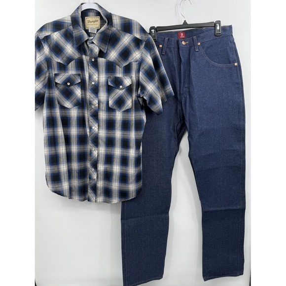 Wrangler 31 Sz 34x34 Relaxed Fit Rigid Jeans NWT & Plaid Pearl Snap Sz XL - Picture 2 of 13